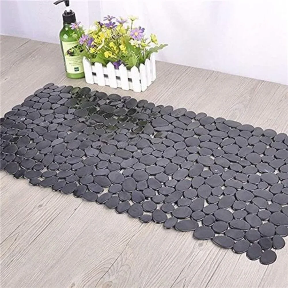 Non Slip Pebble Bathtub Mat Black Shower Mat Suction Cups Drain Holes PVC Bath